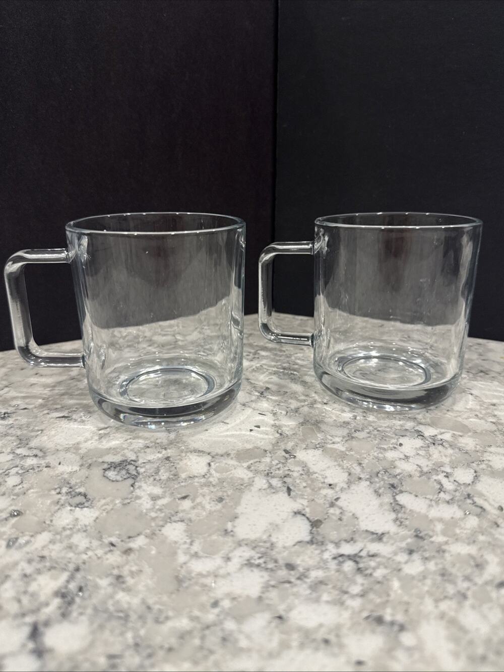 Vintage Clear Pressed Glass Coffee Mugs Set of 2 Square D Handle Heavy 4”